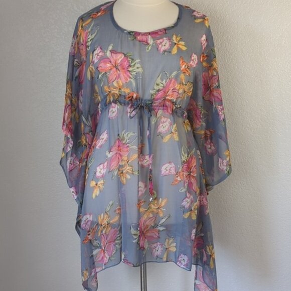 Sunflower Cover Up One Size Blue Floral Drawstring Waist Kaftan Tunic  Dress - Picture 1 of 6